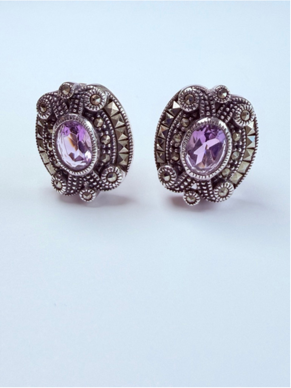 Judith Jack 2 CT Amethyst & Marcasite 925 Sterling Silver Omega Earrings